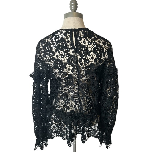 H&M Black Embroidered Lace Ruffle Long Balloon Sleeve Sheer Blouse Women Size 6 - Picture 12 of 16